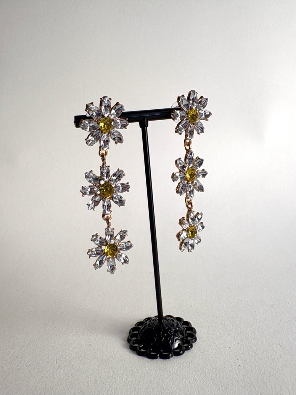 Crystal Daisy Drop Earrings Yellow Clear Floral Women Jewelry